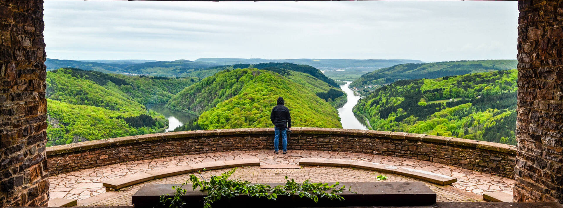 Mann steht auf dem Aussichtspunkt Cloef und schaut auf die Saarschleife.