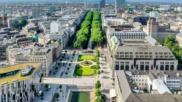 Königsalle von oben mit dem Kanal. 