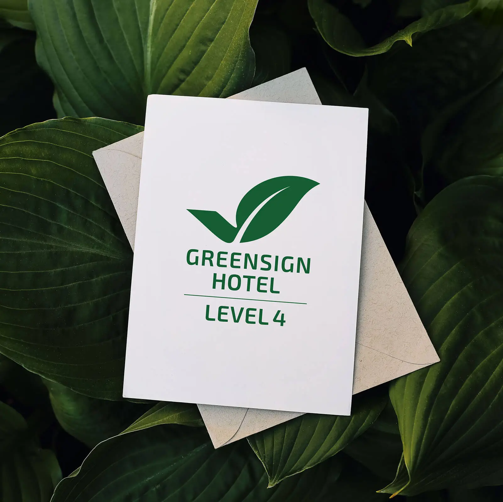 Karte mit der Aufschrift "GreenSign Hotel Level" liegt auf vielen grünen Blättern.