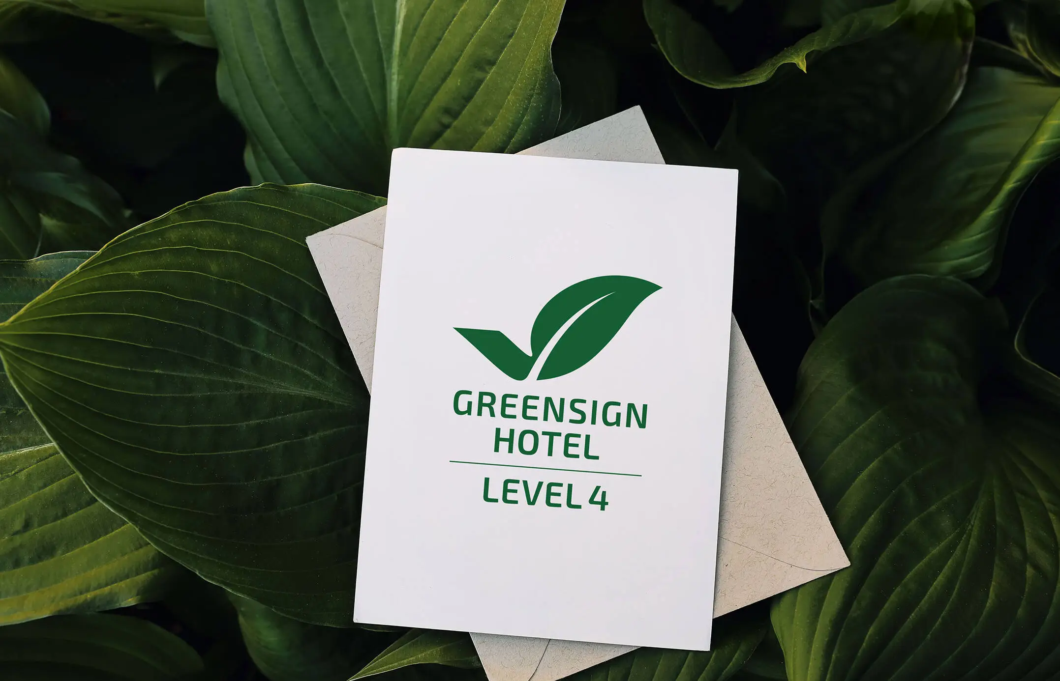 Karte mit der Aufschrift "GreenSign Hotel Level" liegt auf vielen grünen Blättern.