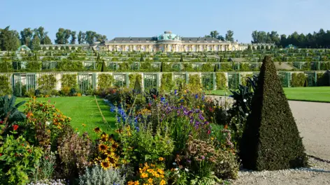 Blumen Beete und Steingärten im Schlosspark vom Schloss Sanssouci. Im Hintergrund steht das Schloss.