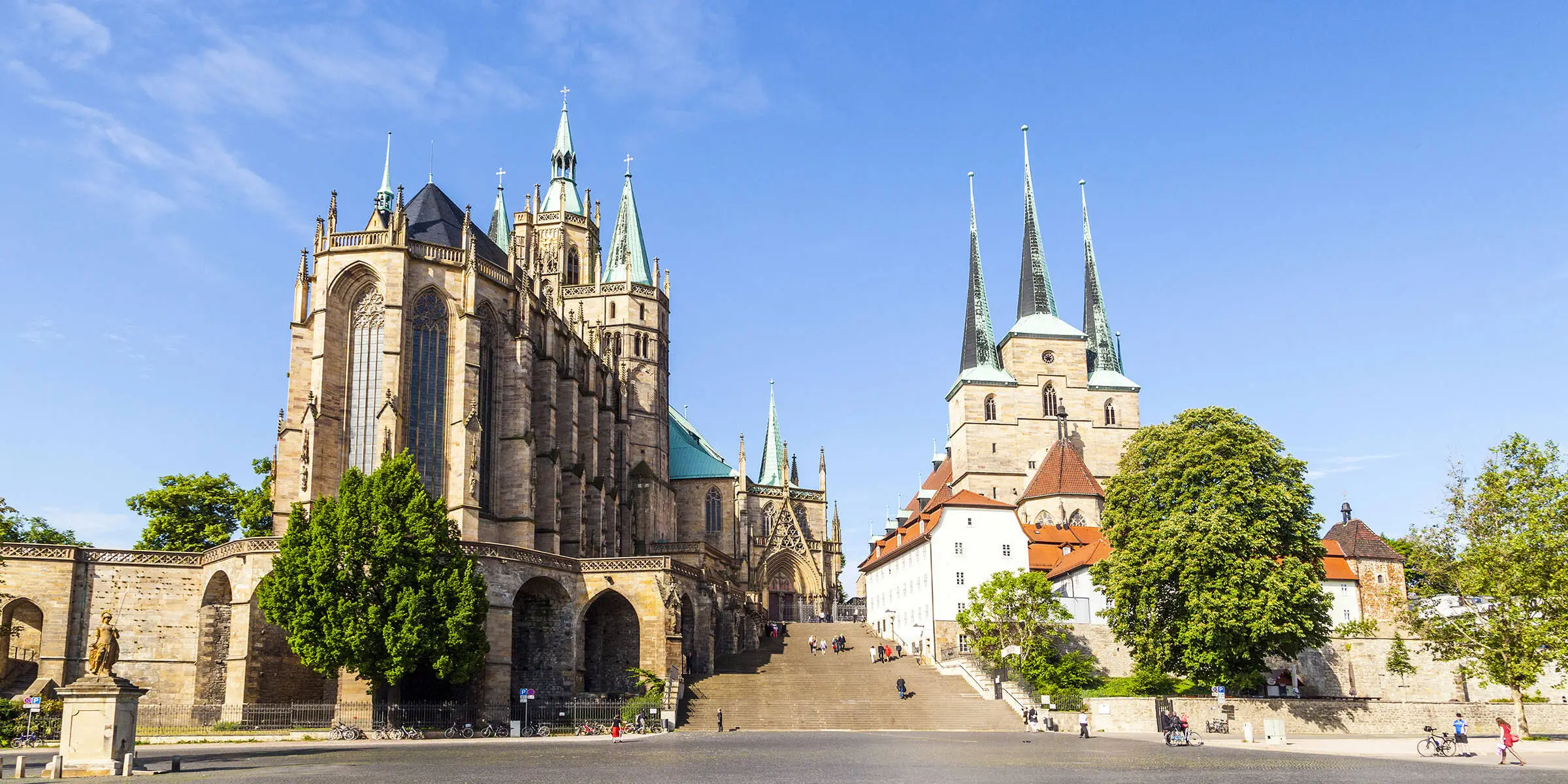 View over Erfurt with cathedral and church.