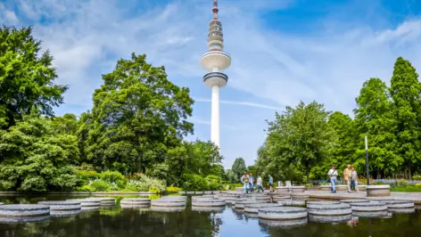 Park mit einem Teich auf dem runde Platformen schwimmen. Im Hintergrund steht ein Fernsehturm.