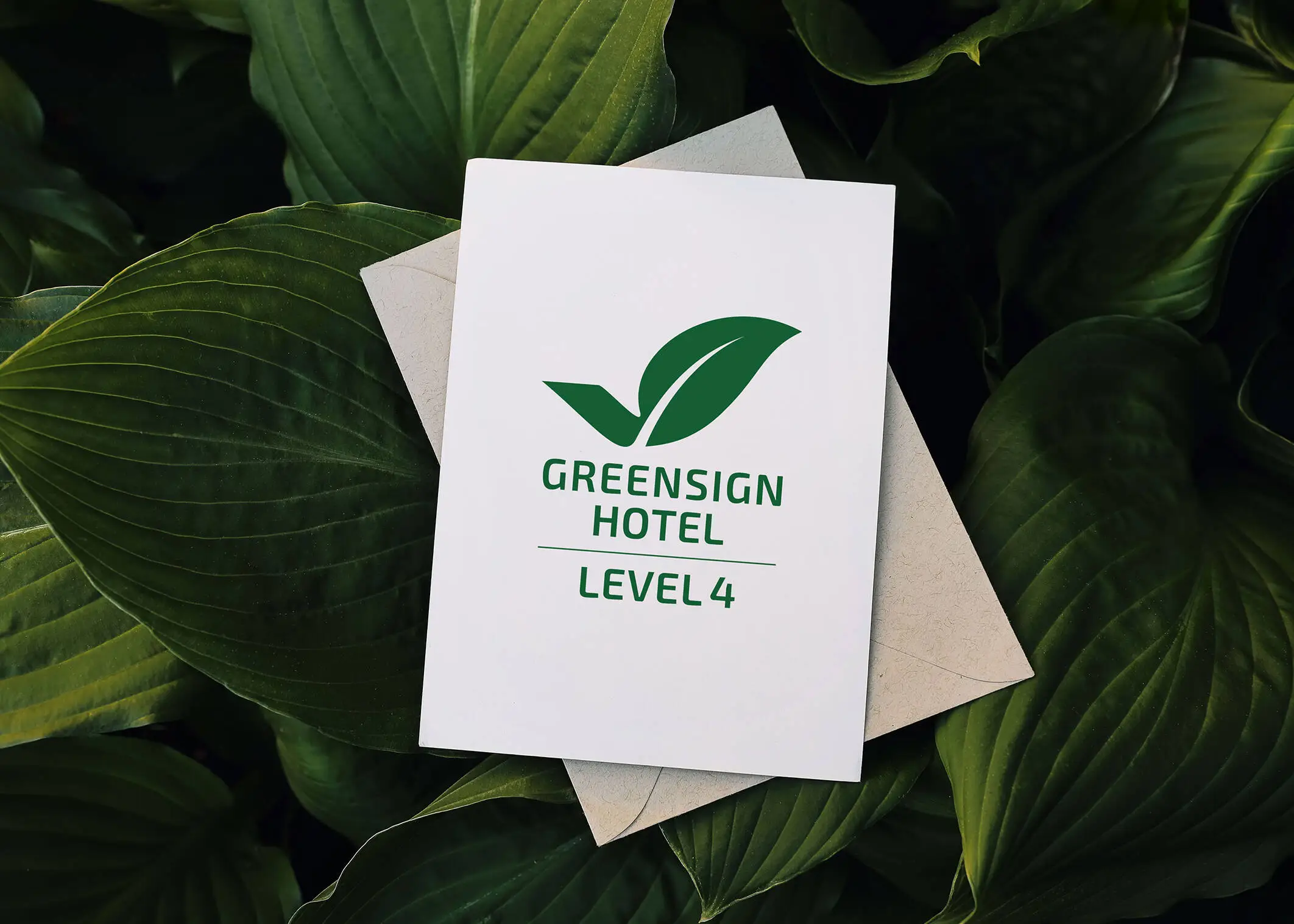 Karte mit der Aufschrift "GreenSign Hotel Level" liegt auf vielen grünen Blättern.