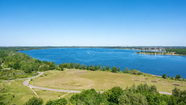 Cospudener See von oben. Der See ist umgeben von Wäldern und Radwegen.