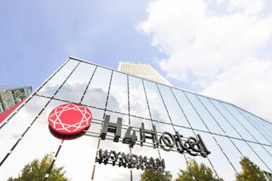 View of the tall hotel from below. 