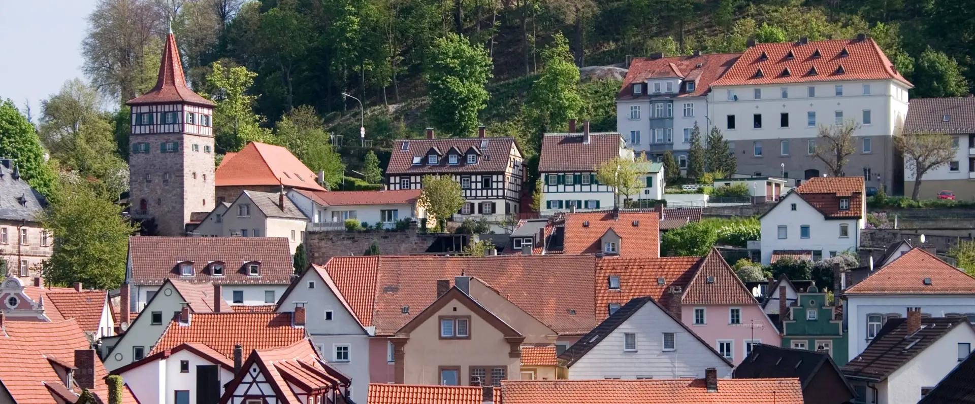 Blick auf ein Häuserviertel in Bayreuth von oben.