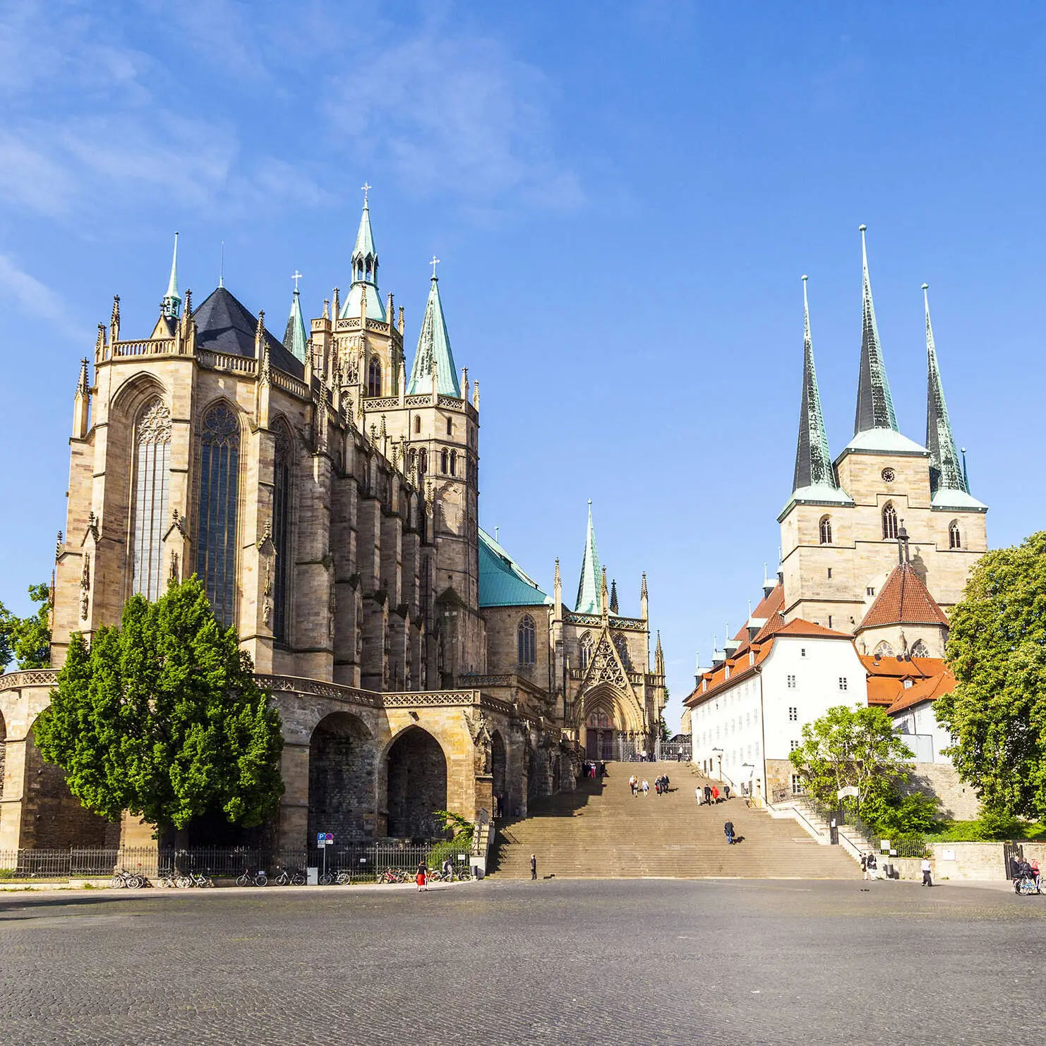 View over Erfurt with cathedral and church.